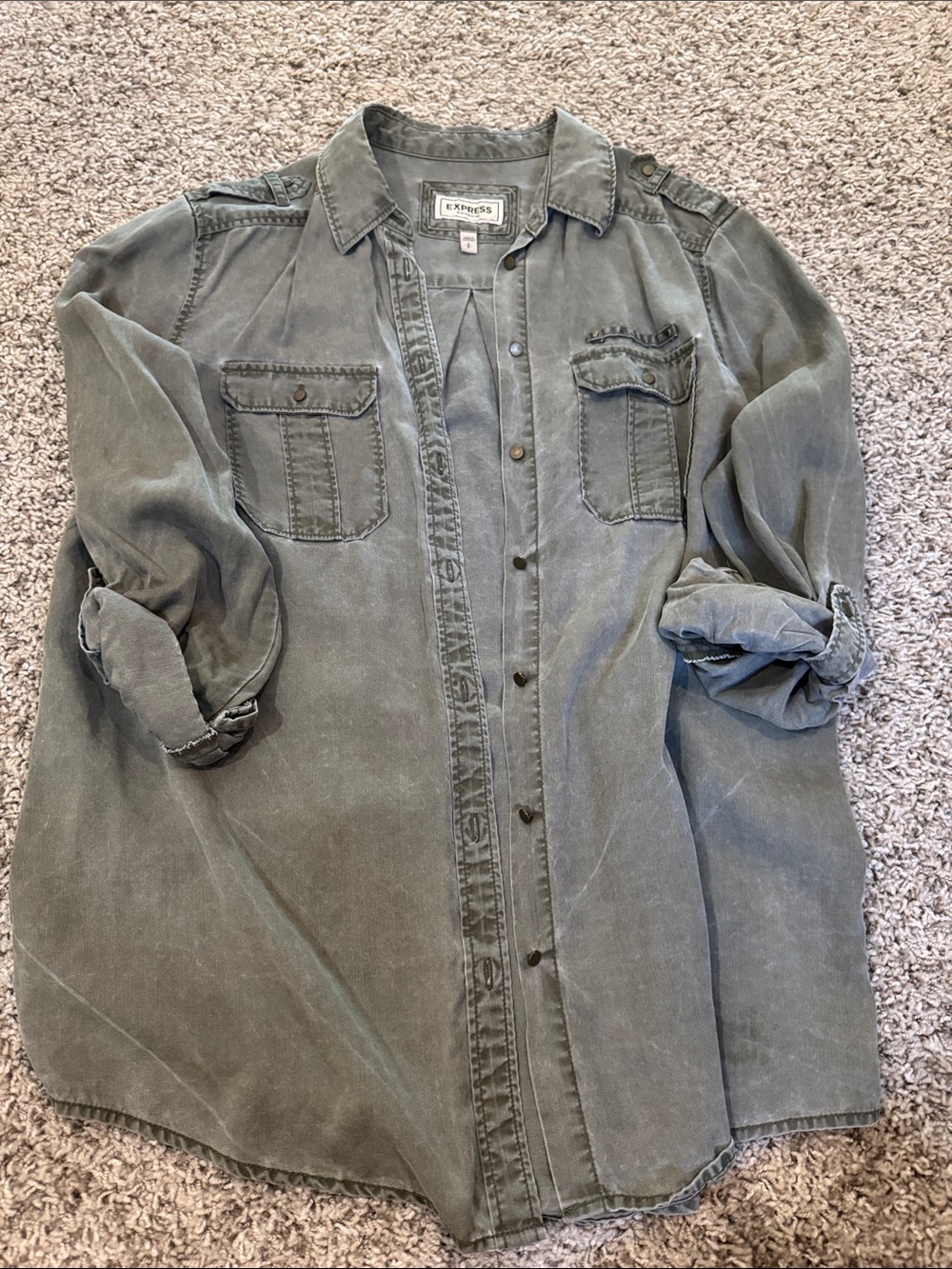 Express Olive-Green Washed Button-Down Shirt